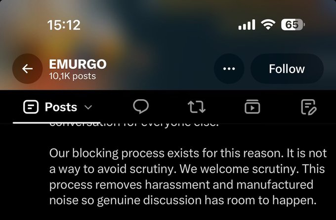 A mobile screenshot shows the 'EMURGO' account page with 10.1K posts, displaying text: 'Our blocking process exists for this reason. It is not a way to avoid scrutiny. We welcome scrutiny. This process removes harassment and manufactured noise so genuine discussion has room to happen.'