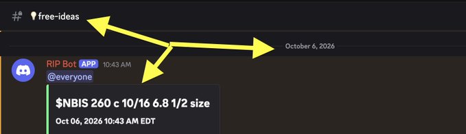 A Discord interface screenshot showing the '# free-ideas' channel with a message from 'RIP Bot' saying '$NPX67 17 0 10/5 6.8 1/2 size' posted on Oct 06, 2026 at 10:43 AM EDT.