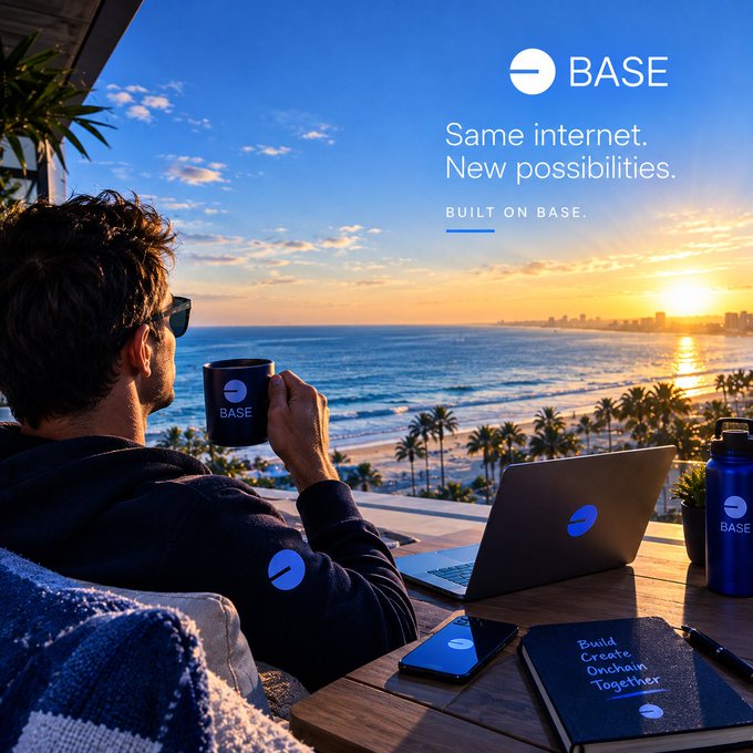 A promotional image for 'BASE' featuring a person looking at a beach sunset with BASE-branded laptop, mug, water bottle, and notebook, with text 'Same internet. New possibilities. Built on Base.'