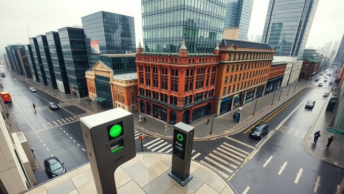 An urban street intersection featuring a historic red-brick corner building surrounded by modern glass skyscrapers, with a green-lit pedestrian crossing signal in the foreground.