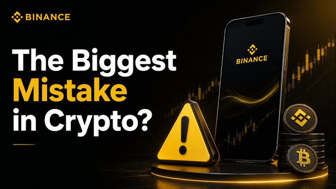 A Binance-branded graphic featuring a smartphone displaying the Binance logo alongside a yellow warning triangle, Bitcoin and BNB coins, and a stock chart background, with the bold text "The Biggest Mistake in Crypto?" The visual supports the post's message by using the warning symbol to emphasize the cautionary advice about common crypto mistakes, specifically the misconception that all assets need active trading.
