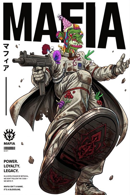A stylized poster for "MAFIA" features a menacing clown-masked figure in a blood-spattered hazmat suit wielding an Uzi and stepping forward, with the bold headline "MAFIA" and tagline "POWER. LOYALTY. LEGACY." alongside Japanese katakana. The image fits the "GM to absolutely everyone" caption perfectly, as the masked shooter offers a "Game Master" salute to all—promising a ruthless, no-rules experience where betrayal is the code.