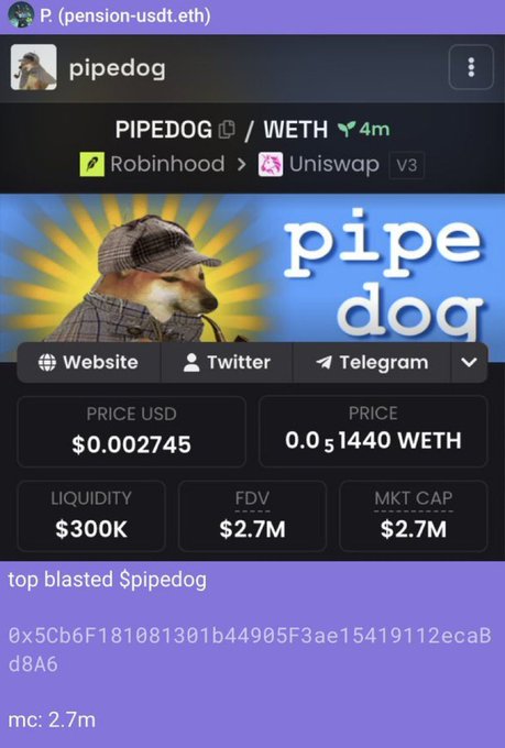 The image shows a cryptocurrency token profile for "PIPEDOG" (ticker: pipedog) priced at $0.002745 with a $2.7M market cap and $300K liquidity, listed on Uniswap V3 via Robinhood. This screenshot supports the post's narrative of "begging" viewers to buy memecoins like $pipedog before they pump to massive valuations, as part of a pattern promoting other tokens like $cate, $ansem, and $jimothy.