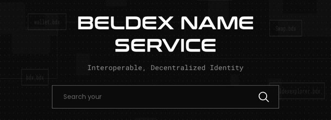 The image displays the Beldex Name Service (BNS) homepage with the tagline "Interoperable, Decentralized Identity" and a search bar for looking up BNS names. It visually promotes BNS as a user-friendly solution for replacing complicated crypto wallet addresses with simple, memorable names, aligning with the post's message about simplifying crypto transactions.
