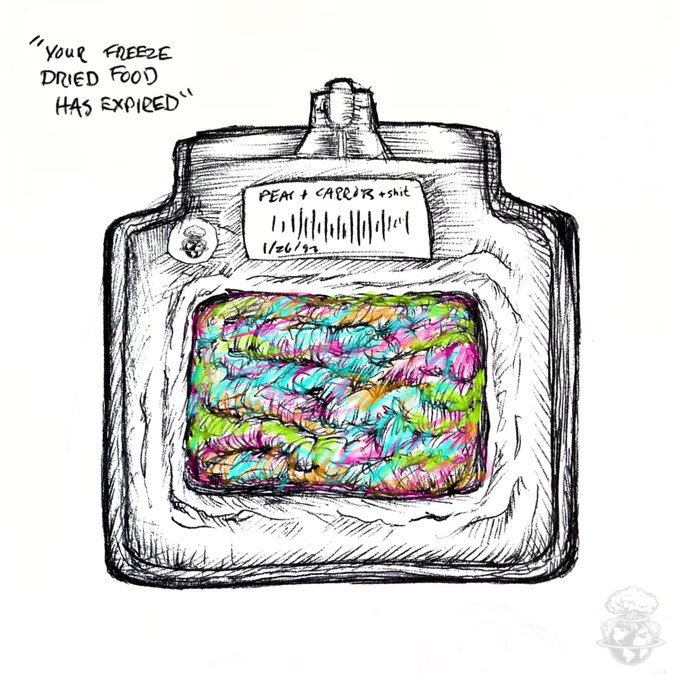 A hand-drawn illustration shows a freeze-dried food pouch labeled 'PEACH + CARROT' with the humorous caption 'YOUR FREEZE DRIED FOOD HAS EXPIED'.