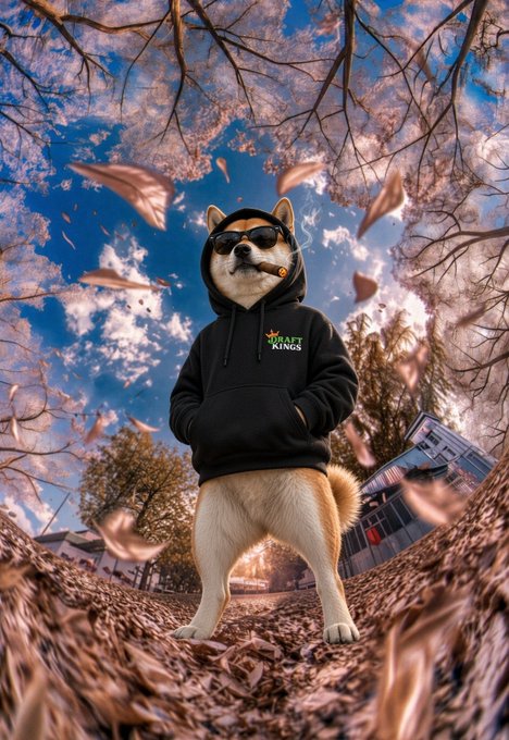 A Shiba Inu dog wearing sunglasses and a black 'DRAFT KINGS' hoodie stands upright under cherry blossom trees with pink petals swirling around it.
