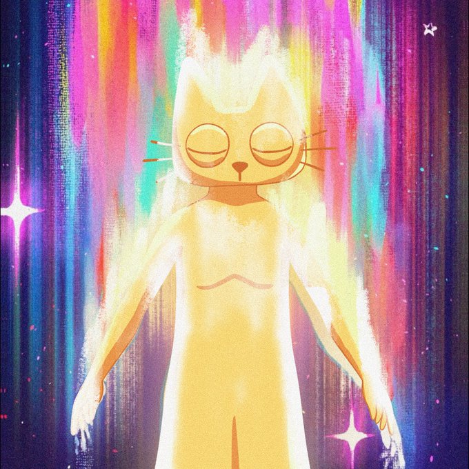 Artistic painting-style illustration of a glowing white cat-like humanoid figure with closed eyes standing with arms at sides, surrounded by colorful rainbow light streaks and small sparkles on a dark background.