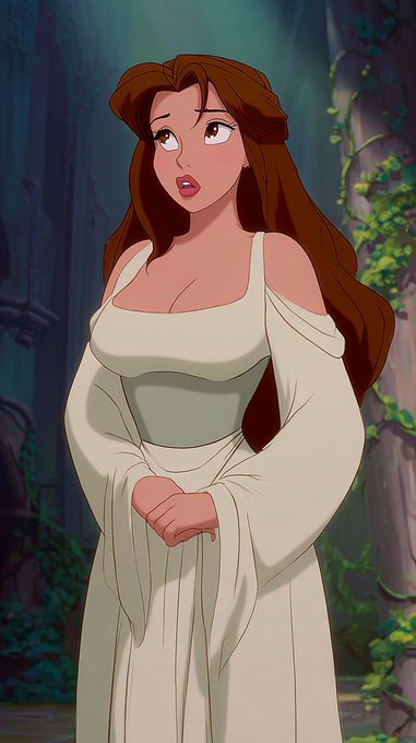 An animated illustration depicts a woman with long brown hair wearing a flowing off-the-shoulder white dress, standing in a forest setting with a concerned expression.