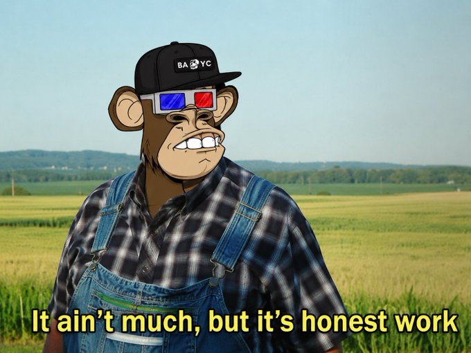 The image features a cartoon monkey wearing a hat with "8YBC" written on it, standing in a field of tall grass. The monkey appears to be wearing overalls and has a serious expression on its face. The caption below the image reads, "I only have one OG and one MAYC. I may not be an OG, whale, grail or full set holder, but I am a monke that loves the club!".