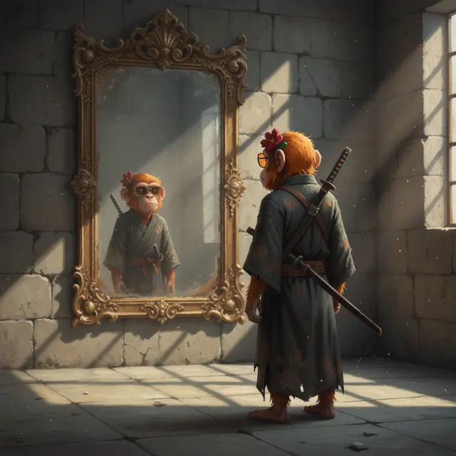 A digital illustration shows a small monkey character wearing glasses and a kimono, standing before an ornate mirror that shows a reflection of himself holding a sword.