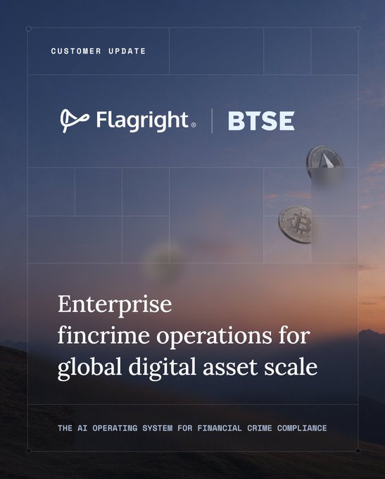 A promotional graphic for 'Flagright | BTSE' customer update with the headline 'Enterprise fincrime operations for global digital asset scale' over a sunset landscape with cryptocurrency coins.