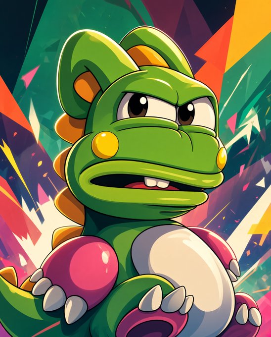 A cartoon-style illustration of a green anthropomorphic creature with large eyes, wearing boxing gloves, set against a colorful abstract background with jagged shapes.