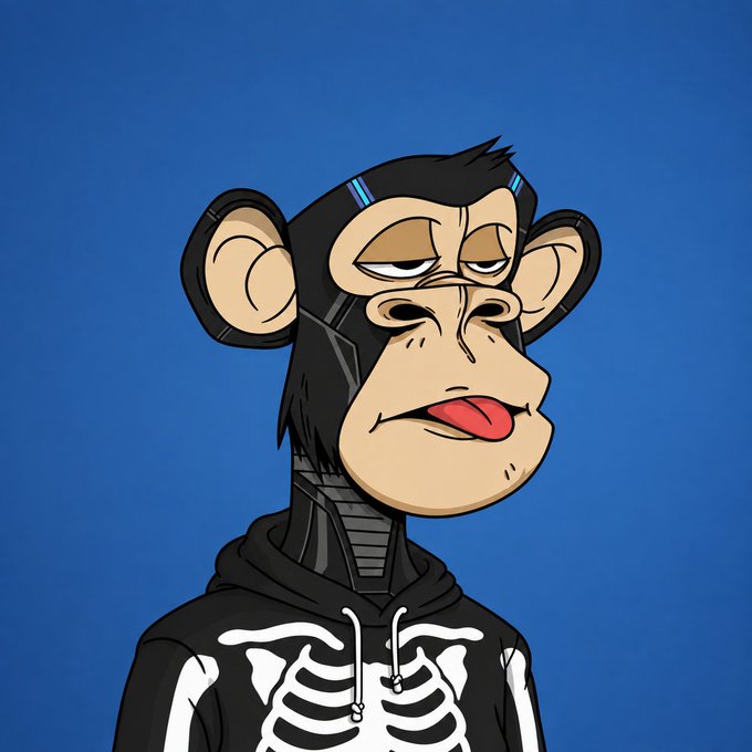 A cartoon illustration depicts a Bored Ape-style monkey wearing a black hoodie with a white skeleton ribcage design against a solid blue background.