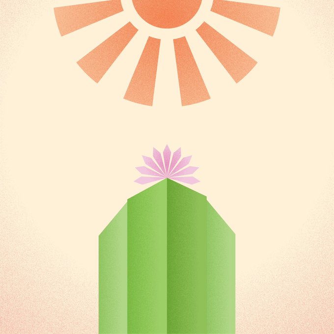 A minimalist illustration shows a green geometric mountain with a pink lotus flower on top, beneath an orange rising sun against a cream background.