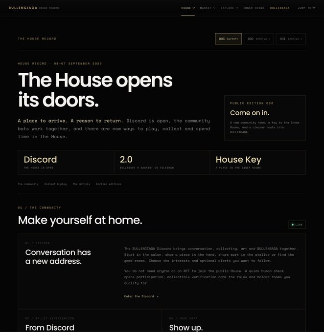 A screenshot of the BULLENCIAGA website announcing 'The House opens its doors' for 04-07 September 2026, featuring sections on Discord, 2.0, and House Key.