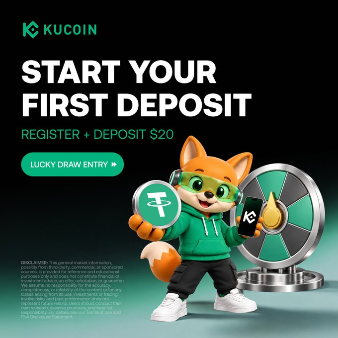 A KuCoin promotional banner featuring a fox mascot in green attire holding a USDC coin and smartphone next to a prize wheel, with text reading "START YOUR FIRST DEPOSIT — REGISTER + DEPOSIT $20" and a "LUCKY DRAW ENTRY" button, advertising their GNOT (Gravity) token campaign with a 100,000 GNOT reward pool.