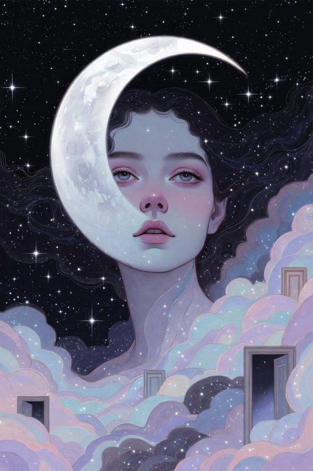A surreal digital illustration depicts a woman's face blending with a crescent moon, surrounded by stars, flowing dark hair, and pastel clouds with small doorways.