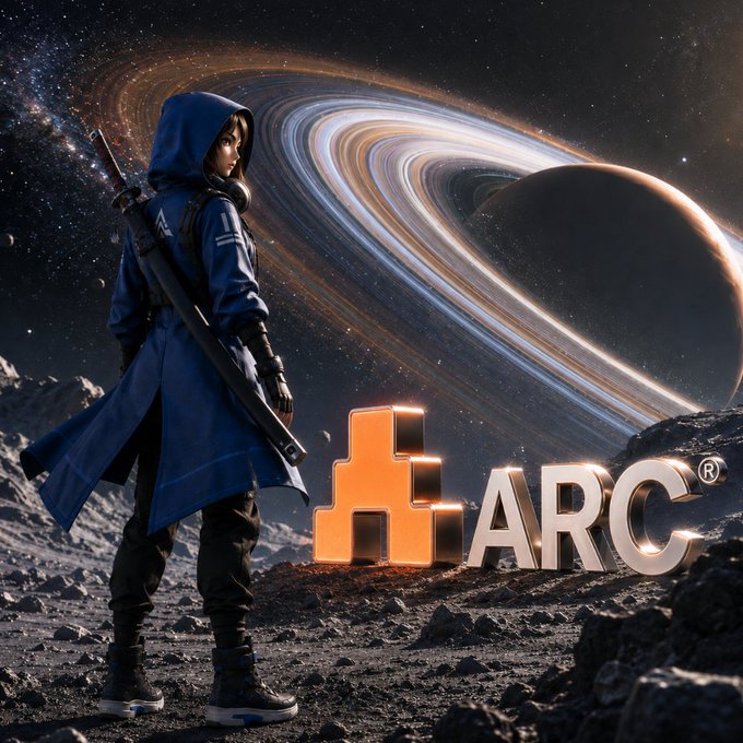 A hooded figure in a blue coat stands on a rocky lunar-like surface holding a sword, gazing at a massive ringed planet, with the 'ARC' logo displayed in the foreground.