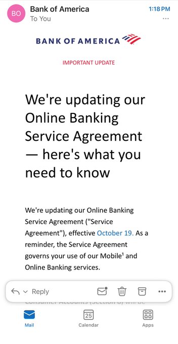 Screenshot of a Bank of America email notification dated 1:18 PM announcing an "IMPORTANT UPDATE" about changes to their Online Banking Service Agreement, effective October 19, which governs the use of their Mobile and Online Banking services. The email, sent from Bank of America to the user, supports the post's claim about Ripple partner Bank of America issuing an October 19 service agreement update notification.