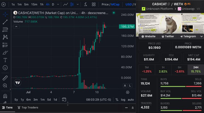 The image shows a DexScreener chart for CASHCAT/WETH (Market Cap) on Uniswap with a 4-hour timeframe, displaying a market cap of $195.37M and FDV of $194.4M, illustrating the token's rapid surge to nearly $200M in market cap overnight.