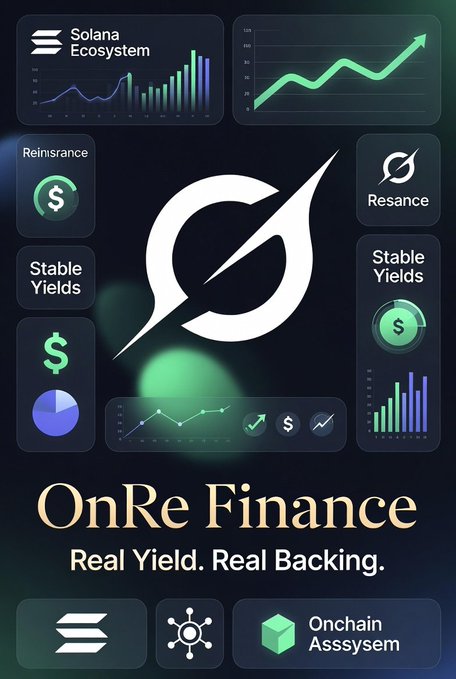 A promotional graphic for 'OnRe Finance' highlighting 'Real Yield. Real Backing.' with Solana Ecosystem branding and icons for Reinsurance, Resance, Stable Yields, and Onchain Assystem.