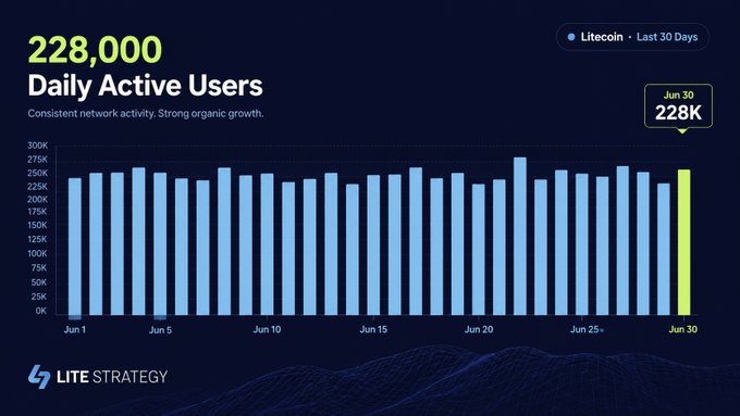 Litecoin Daily Active Users chart showing 228,000 users over the last 30 days, branded by Lite Strategy with a bar graph of consistent network activity.
