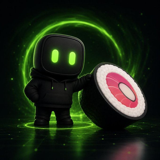 A small black robot-like figure with glowing green eyes stands holding a large sushi roll, with a vibrant green energy portal swirling behind it—evoking a sci-fi "teleporting sushi" vibe that ties into the post's announcement of SushiSwap trading support on Robinhood Chain.