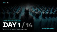 A promotional banner for "King Survival Challenge DAY 1/14" with the hashtag #WFMASAIRDROP, showing a hooded figure surrounded by faceless mannequins.