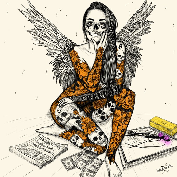 An artistic illustration of a female angel of death figure with a skull-like face, wings, and orange floral tattoos, sitting among skulls, money, a newspaper, and drugs.