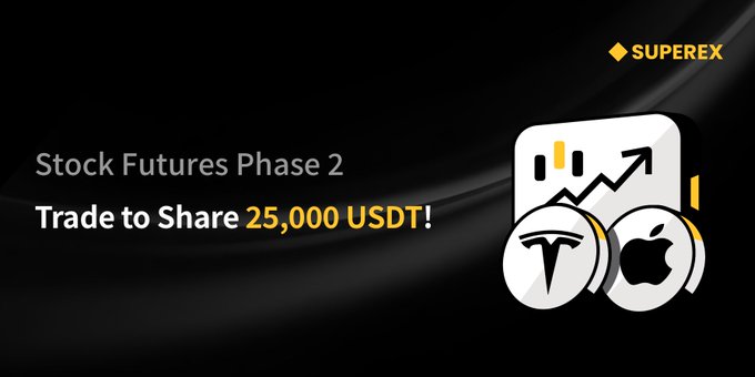 A promotional banner for Superex's "Stock Futures Phase 2" campaign offering a 25,000 USDT reward pool for trading stock futures, featuring icons for Tesla and Apple alongside a candlestick chart graphic that visually reinforces the stock trading theme highlighted in the post.