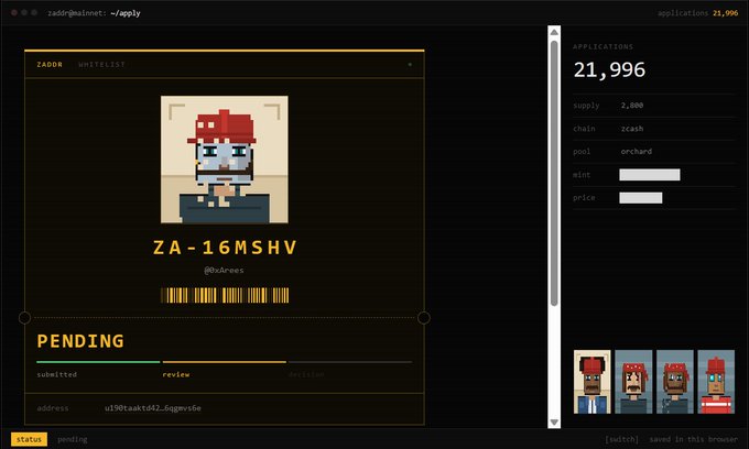A ZadOr whitelist application screen showing pixel art of a character with 'PENDING' status, ID 'ZA-16MSHV' by '@OxiJeees', and an application count of 21,996.