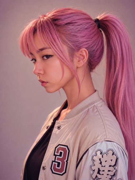 A portrait of a woman with pink hair in a high ponytail, wearing a light-colored jacket with the number '3' and an Asian character on the sleeve.