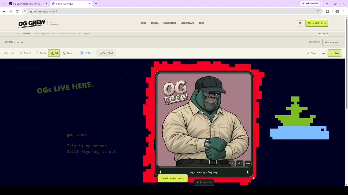 A screenshot of the ogcrew.xyz website displaying an NFT customization page featuring a gorilla character wearing a cap and beige shirt, with editing tools visible at the top.