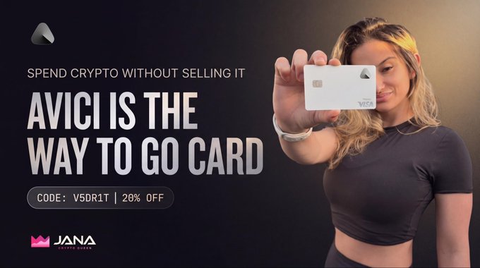 A promotional banner reading 'SPEND CRYPTO WITHOUT SELLING IT - AVICI IS THE WAY TO GO CARD' with code 'V5DR1T | 20% OFF', showing a woman holding out a white Visa-branded crypto card alongside the JANA logo.