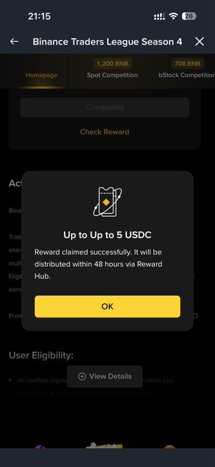 The image shows a Binance app popup notification for "Binance Traders League Season 4," displaying a successful reward claim of "Up to Up to 5 USDC" (noting the repeated text) that will be distributed within 48 hours via Reward Hub, with an OK confirmation button visible—aligning with the post's claim about earning free $5 on Binance.