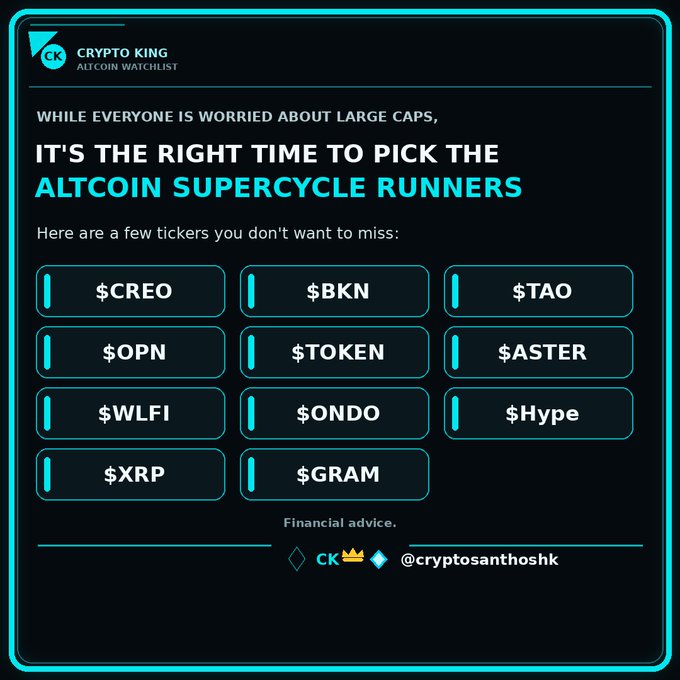 A Crypto King altcoin watchlist graphic says it is “the right time to pick the altcoin supercycle runners” while “everyone is worried about largecaps.” It lists $CREO, $BKN, $TAO, $OPN, $TOKEN, $ASTER, $WLFI, $ONDO, $Hype, $XRP, and $GRAM, with the footer “Financial advice.” and the handle @cryptosanthoshk.