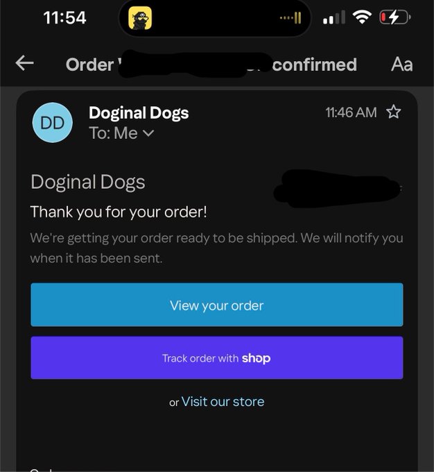 A screenshot of a confirmation email from "Doginal Dogs" stating "Thank you for your order!" and "We're getting your order ready to be shipped. We will notify you when it has been sent," with buttons to view the order and track it with Shop. The email confirms a purchase from Doginal Dogs, supporting the post's promotion of their "Jawns" NFTs available at shop.doginaldogs.com.