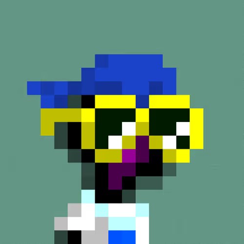 A pixel art character with blue hair, green skin, and yellow glasses wearing a white coat stands against a teal background.