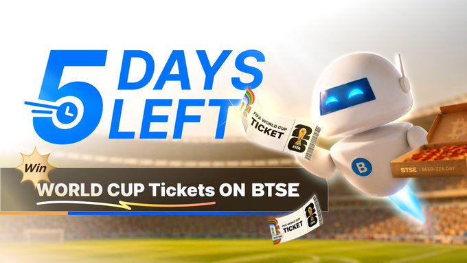 The image features a cartoon robot holding several tickets for a World Cup event. The text on the image suggests that there are five days left until the event, and participants have five more chances to enter using these tickets before the game starts at 6/8.