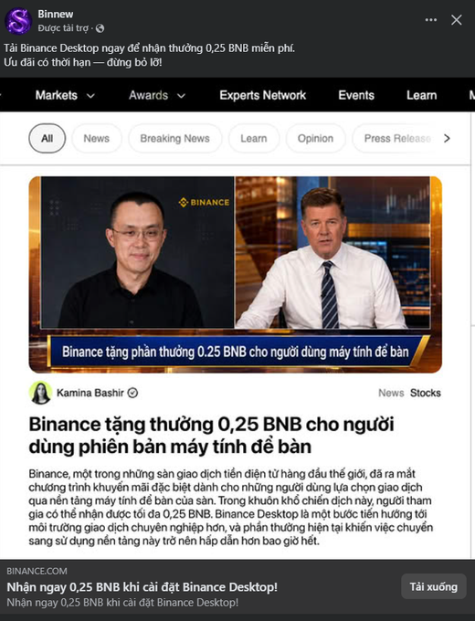 A Binance news article screenshot with Vietnamese text announcing that Binance Desktop will reward users with 0.25 BNB, featuring an image of two news anchors.
