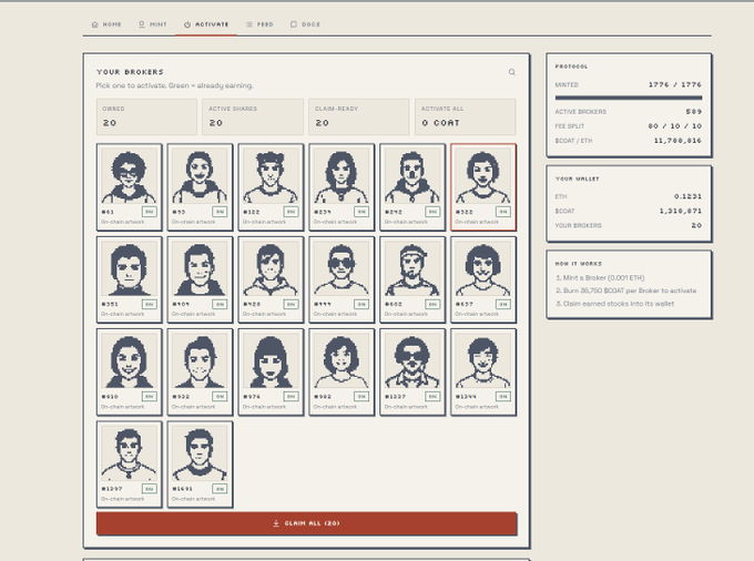 The image shows a brokerage activation dashboard from a platform called XOODLE, displaying 20 brokers for minting, with 20 already claimed and a claim cost of 2 BODR, alongside protocol stats showing 500 active brokers, 1,776 minted, and a wallet holding 0.1231 ETH and 1,316,071 BODR—relevant to the post's interest in whether specific brokers (Xeer, Rida, Allo) rank among the top signals, as all available brokers currently display "On-chain echeck" status with no active signals visible.