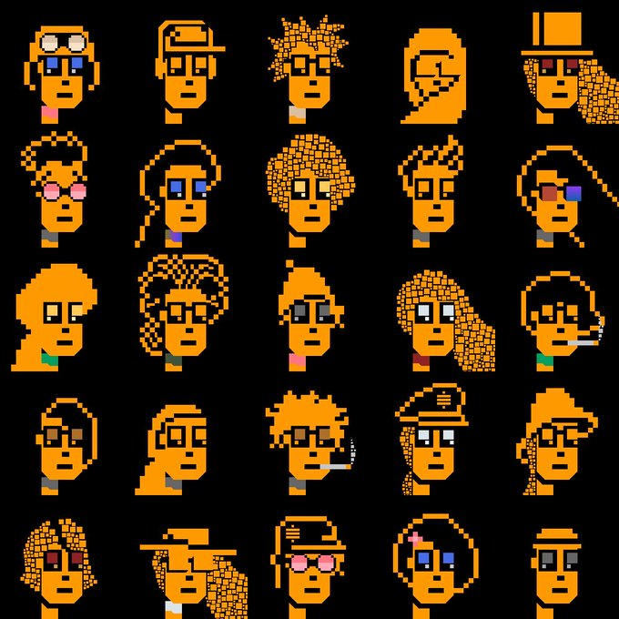 Pixel art grid featuring 25 orange character portraits with various hairstyles and accessories like hats and sunglasses against a black background.