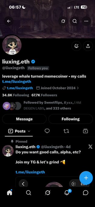 A Twitter/X profile page for 'liuxing.eth' (@liuxingeth) with a verified badge, showing 34.8K Following and 67.7K Followers, with a pinned post reading 'Do you want good calls, alpha, etc? Join my TG & let's grind 👇'.