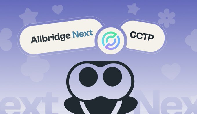 The image features a cartoon owl with two eyes, one black and one green, sitting atop a table against a purple background. The owl appears to be looking down at the text displayed below it, which reads "Allbridge Next CCTP".