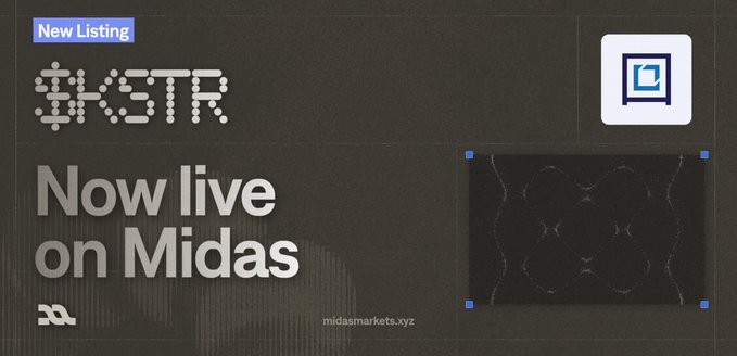 The image is a promotional graphic announcing a "New Listing" for the ticker $KSTR, featuring the stylized logo "KSTR" and bold text declaring "Now live on Midas," along with the website "midasmarkets.xyz," directly corresponding to the post about the KSTR token tracking the STAR 50 Index now being tradable on the Midas platform.