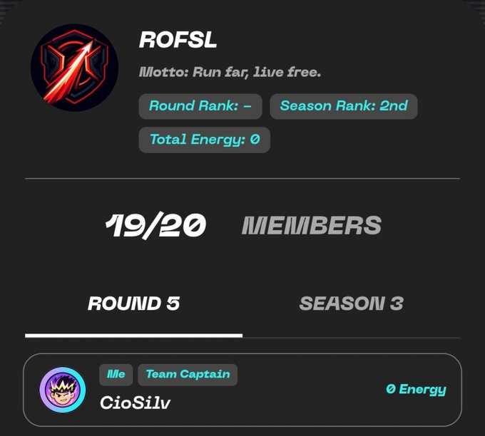 A digital profile page displays the team name 'ROFSL' with the motto 'Run far, live free.', showing 19/20 members, Season Rank 2nd, and Team Captain 'CioSilv' with 0 Energy.