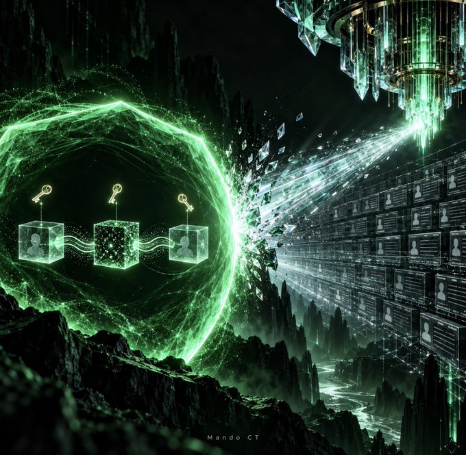 A futuristic sci-fi digital artwork features three glowing green cubes with viewing keys, connected by energy streams within a swirling portal, as data flows outward toward a large chandelier-like structure surrounded by user profile panels, with the text "Mando CT" visible at the bottom.

The image visually represents the concept of per-swap viewing keys as a security upgrade—each isolated cube symbolizing an individual shielded ZEC transaction, protected from the quantum threat of a single exposed refund address unraveling an entire wallet's privacy.