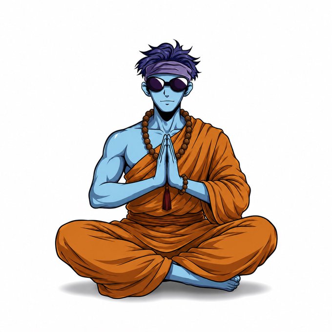 Anime-style illustration of a blue-skinned, muscular character wearing sunglasses and orange robes, sitting in a lotus position with hands in prayer and prayer beads around his neck.