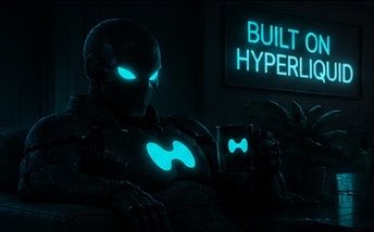 The image shows a glowing blue figure standing in a dark room, with a server in the background displaying the text "BUIT ON HYPERLIQUID" alongside its logo. The server's logo matches the glowing 'H' on their chest, with both parts of the logo connected in a figure eight or ∞ shape. Additionally, the accompanying text "Good morning CT Hyperliquid" emphasizes the company's association with the figure in the c