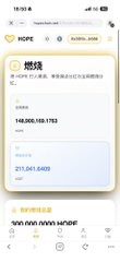 The image shows a mobile screen displaying a cryptocurrency portfolio on what appears to be a tracking app, with holdings of 14,996,185.1762 units and 211,261.6403 (likely a value or second asset) shown alongside "HOPE" and the wallet address 0x38fe76fc9319f5b960dabca7b94b5f25f1547777. The post references this same wallet address and token, discussing a potential upward price trend ("K线有起飞的趋势") and encouraging community building within the BSC tax-token sector.